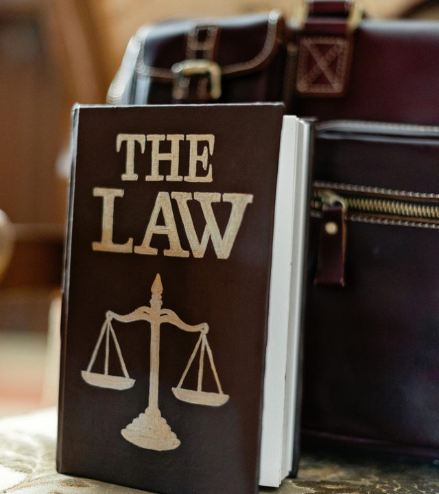 Close-up of a law book titled 'The Law' beside a leather briefcase.